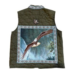 Lesal Upcycled Quilted Vest 2XL Olive Green Eagle Owl Beaded Bee Tapestry